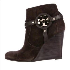 Tory Burch Chocolate Suede Wedge Ankle Boots